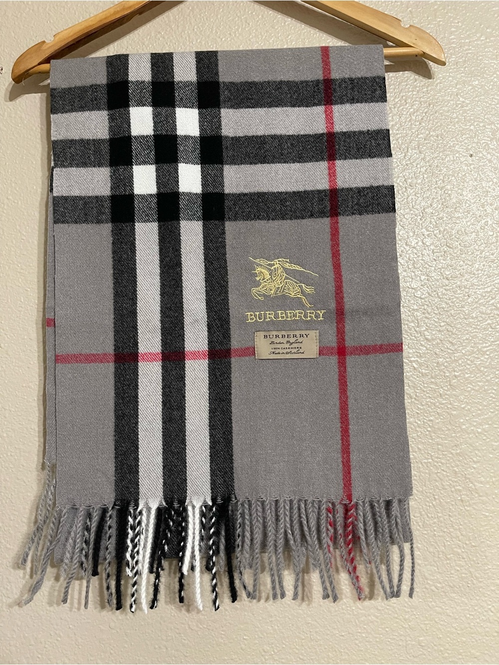 Vintage Grey Plaid Cashmere Scarf Fringed Winter Wrap Embroidered Knight